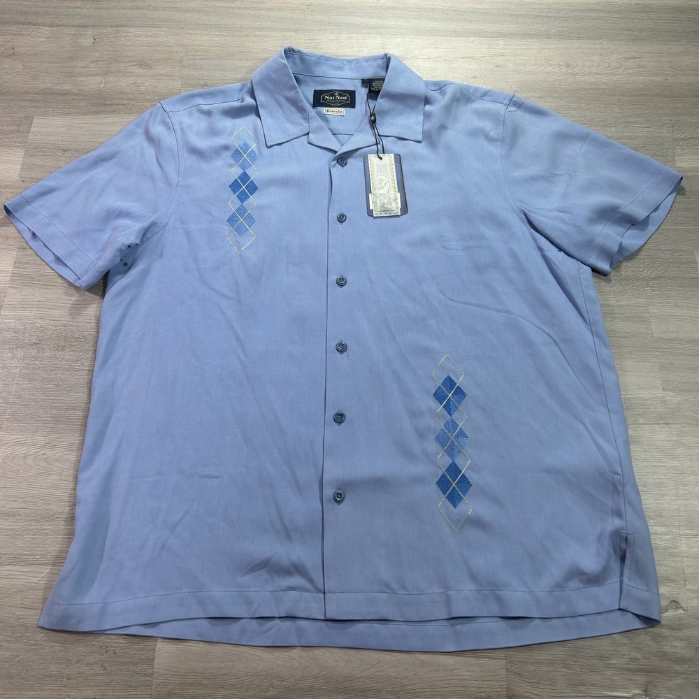 Nat Nast Shirt Mens Large Blue Argyle Short Sleeve Silk Button Up Casual
